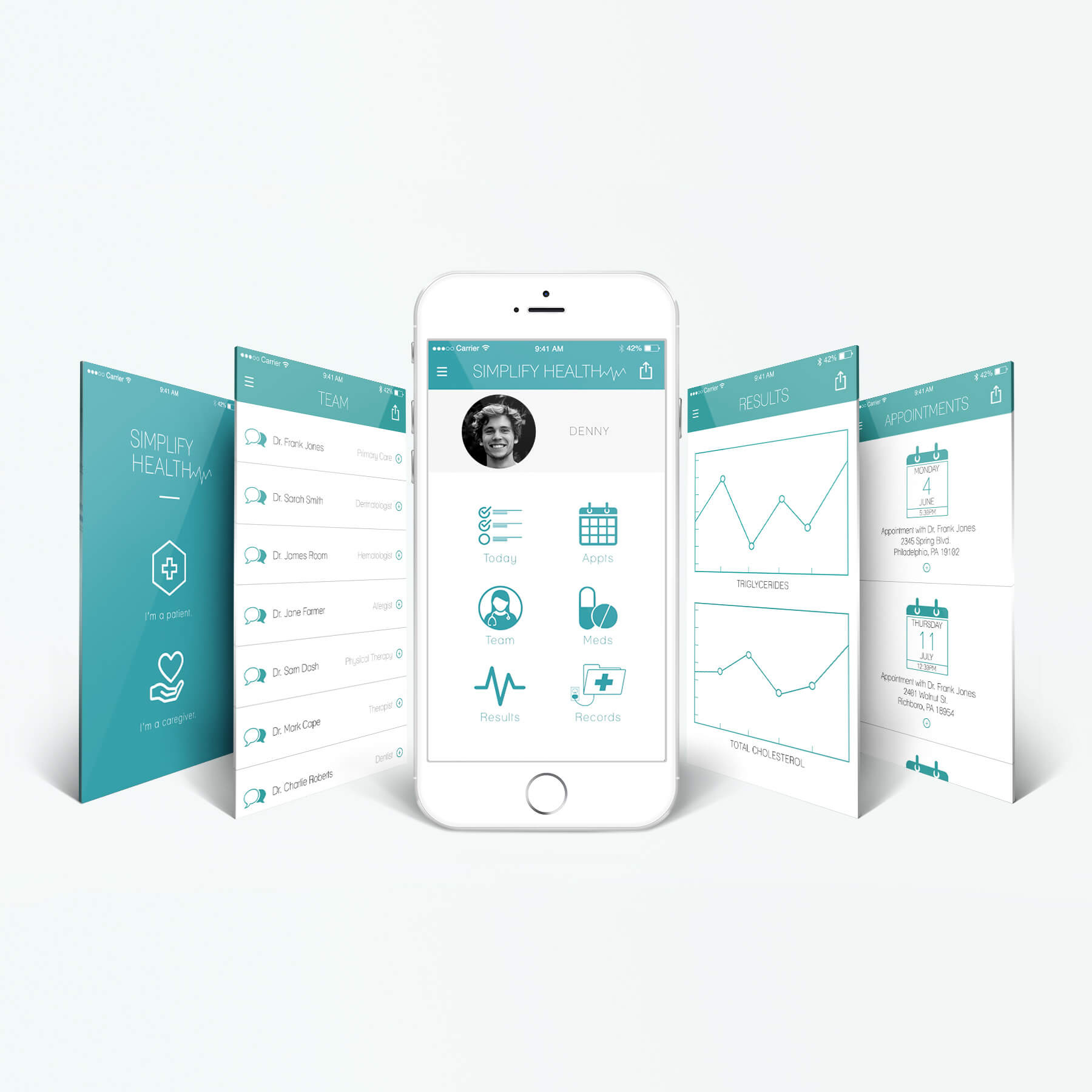 Image shows 5 screenshots of a healthcare app that are designed to be simple ways for patients to keep track of and access their medical information and records.