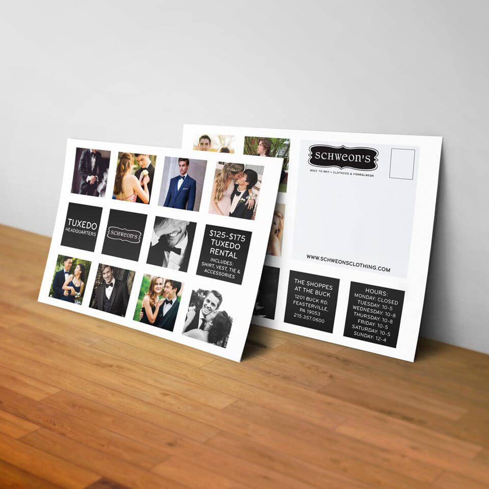 A promotional postcard for a menswear prom tux sale that has an instagram-style grid of prom photographs laid out on it.