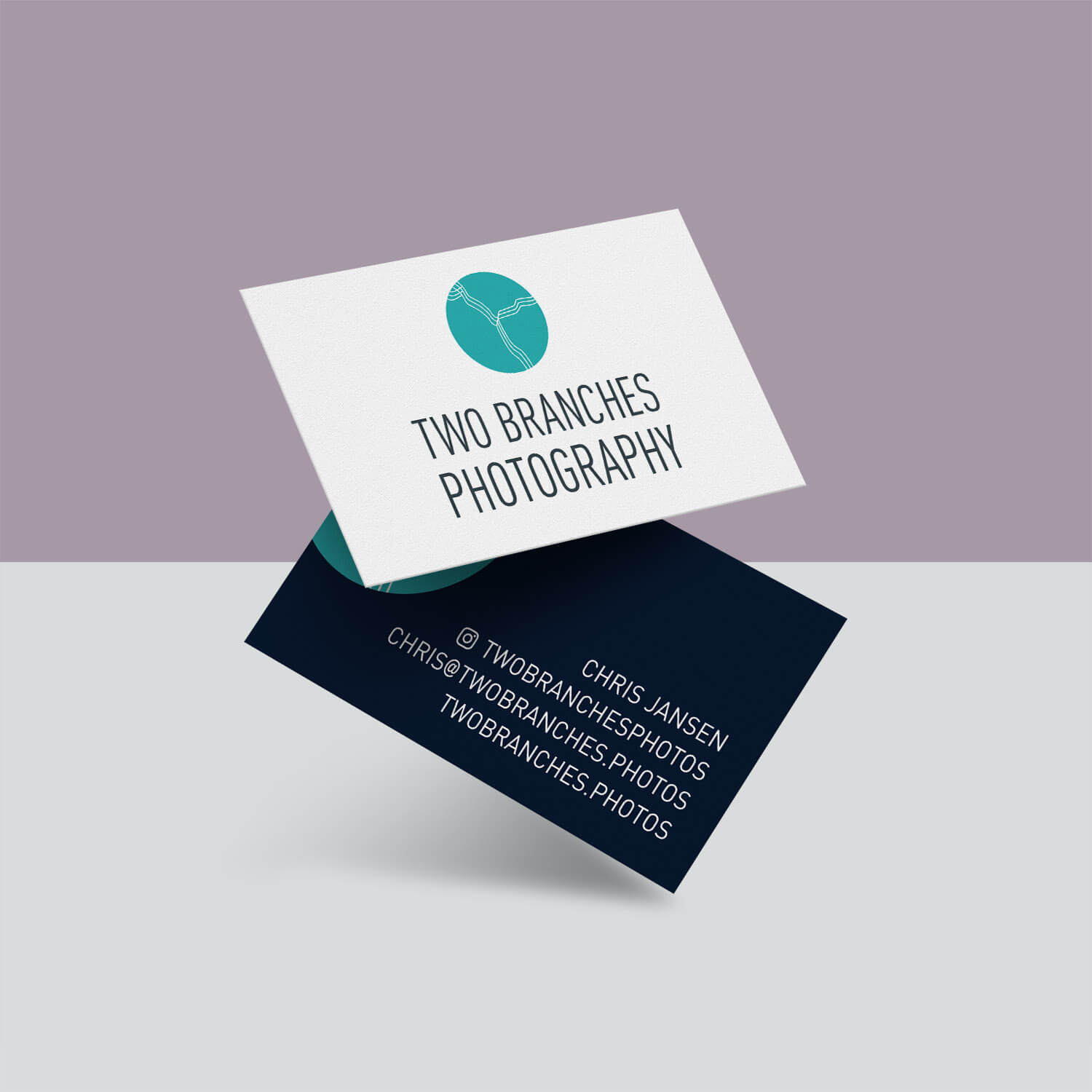 Floating Business card mockup for Two Branches Photography